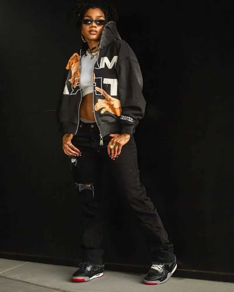 American Retro Letter Print Harajuku Y2K Loose Sweatshirt Men Street Casual Fashion Couple Oversized Zipper Hoodie Women X2507181