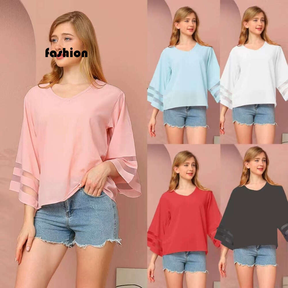 Summer New Women's Loose V-Neck Mesh Patchwork Sweet Fresh Girl Style Chiffon Blouse B5 g5