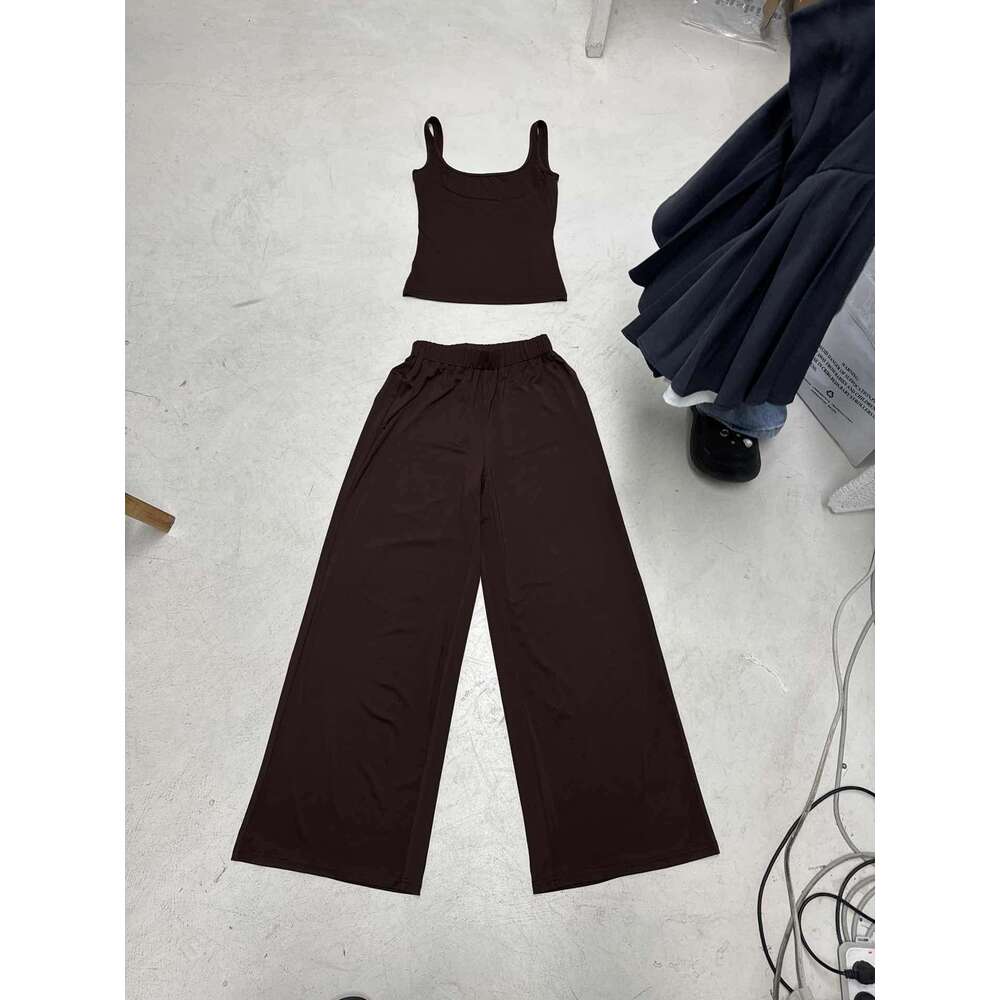 Women's Summer New Solid Color Casual Square Neck Vest + Wide Leg Pants Sports Two-Piece Set B5 g5