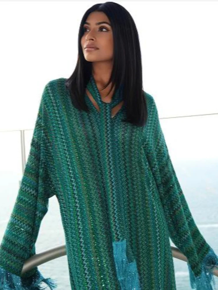 Sequins Tassels Patchwork Blouse Dress Sets Women Skew Collar One-shoulder Sleeve Oversize Pullover Long Dress Suits Knit Summer 250715