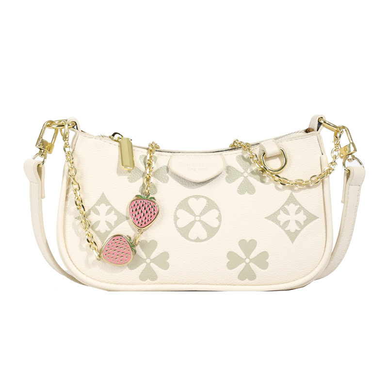 2025 new Embossed Mahjong - style Bag with Four - leaf Strawberry Diamond Pendant and Chain Women's Single - shoulder Bag Simple Commuting Cross 