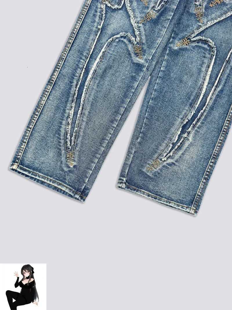 THUG CLUB Embroidery Flame Tassel Jeans Men Women High Quality Splice Moon Star Metal Leather Label Loose Straight Cowboy Pants X250718