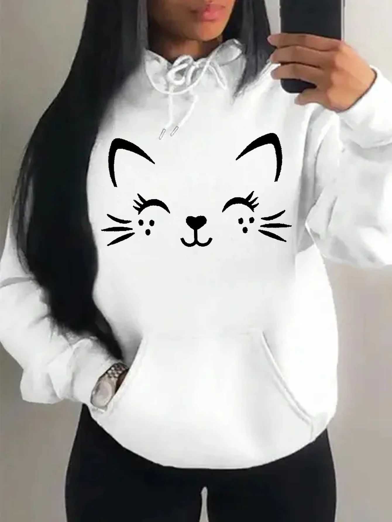 Simple Word Cat Smile Pattern Women Hoodies Fashion Casual Streetwear Personality Hip Hop Hoodie Trendy Face Pullover XJ250717