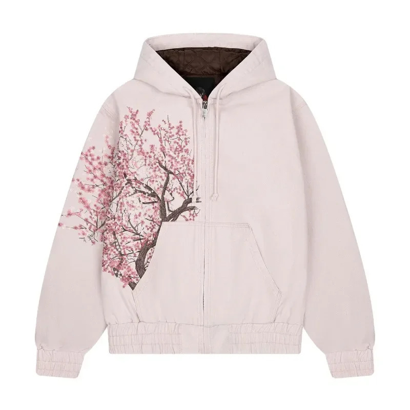 Harajuku Plum Tree Embroidered Oversized Pink Zipper Hoodies For Men and Women Y2K Gothic Fashion Retro Street Sweatshirts 250717