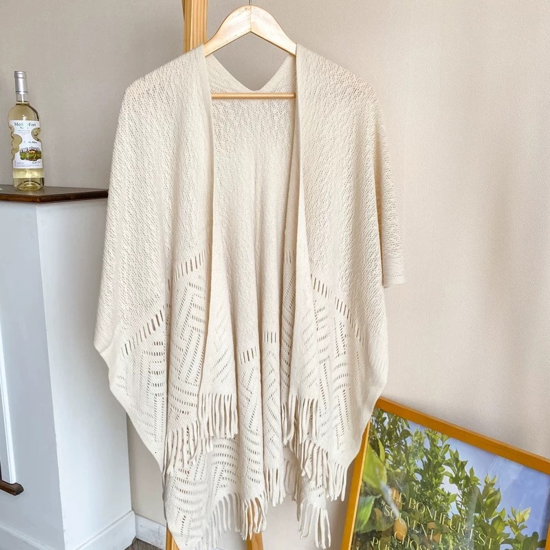 New Fashion Tassel Cape Cardigan Air-conditioned Room Office Hollow Knitted Shawl Women White Cheongsam Outerwear