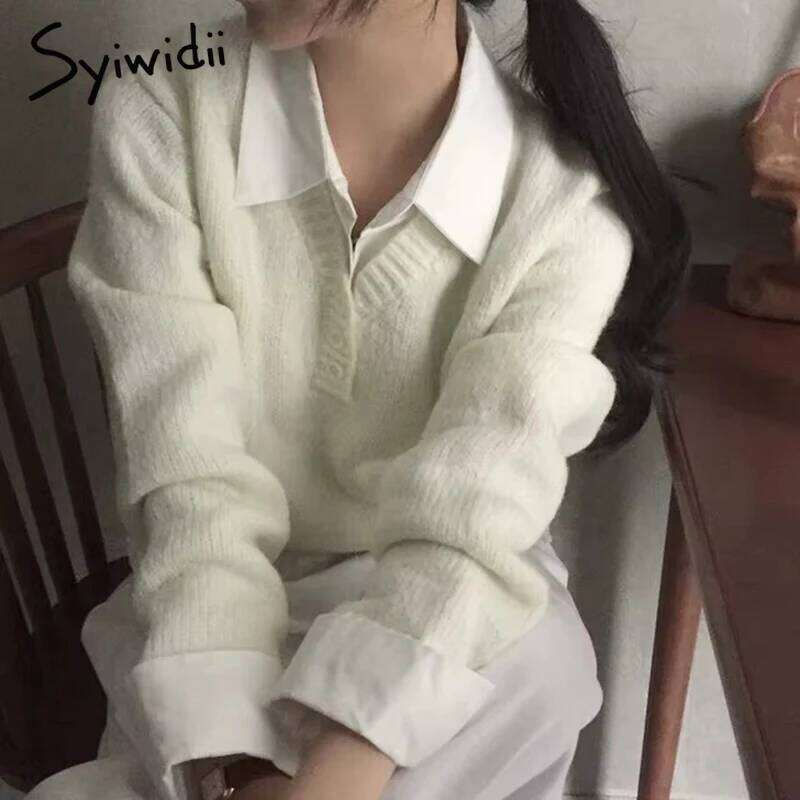 Syiwidii Simple Fake Two-Piece Knitted Women Pullover Fashion Lapel Long Sleeve Sweater 2025 Early Spring New Chic Female Tops MDNG