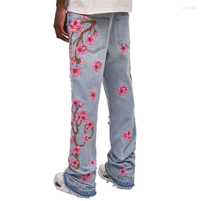 Men's Jeans Men Fashion Denim Pants Floral Embroidery Ripped With Pockets Casual Trousers Vintage Streetwear