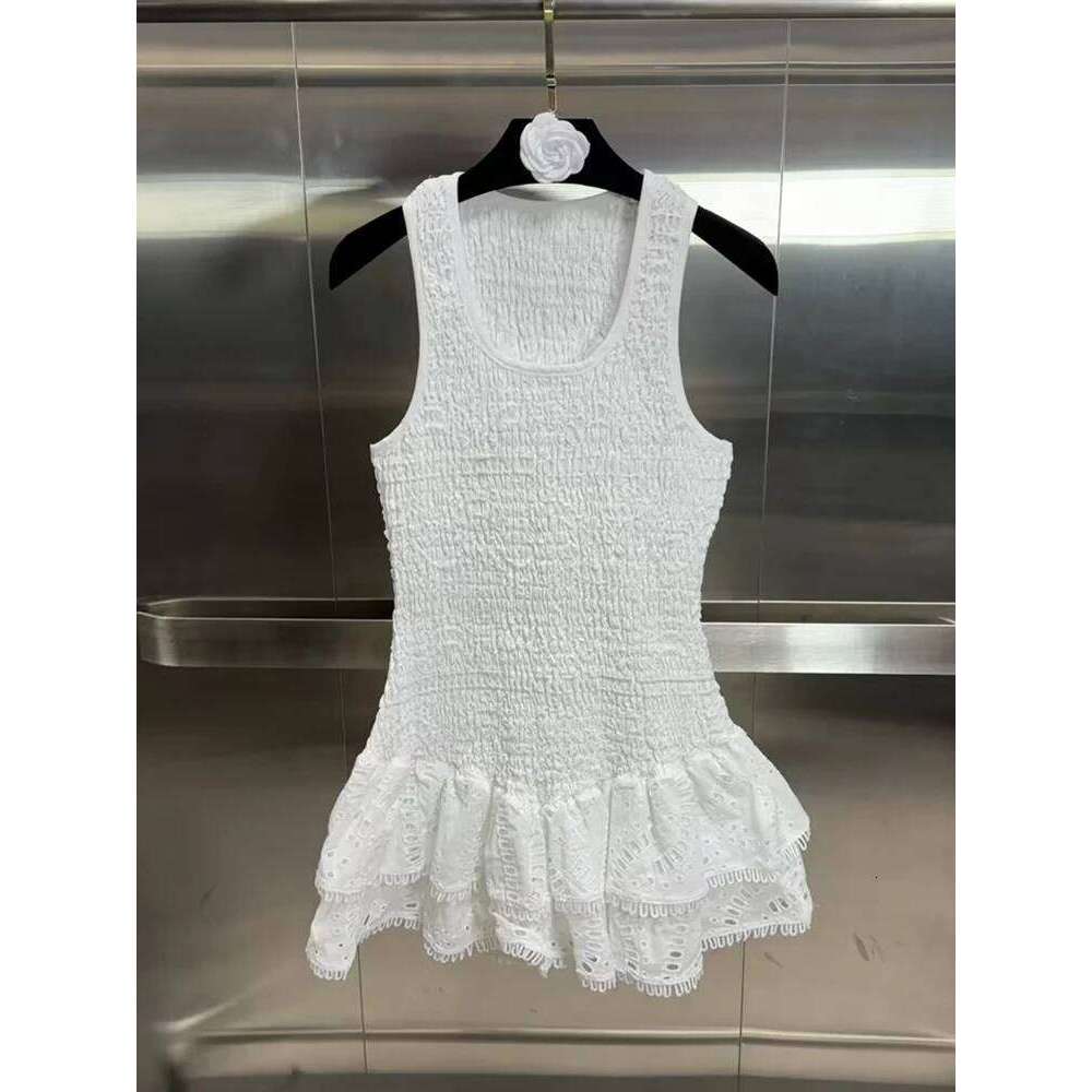VGH Solid Hollow Out Embroidery For Women Round Neck Sleeveless Backless High Waist Sexy Slimming Mini Dress Female New