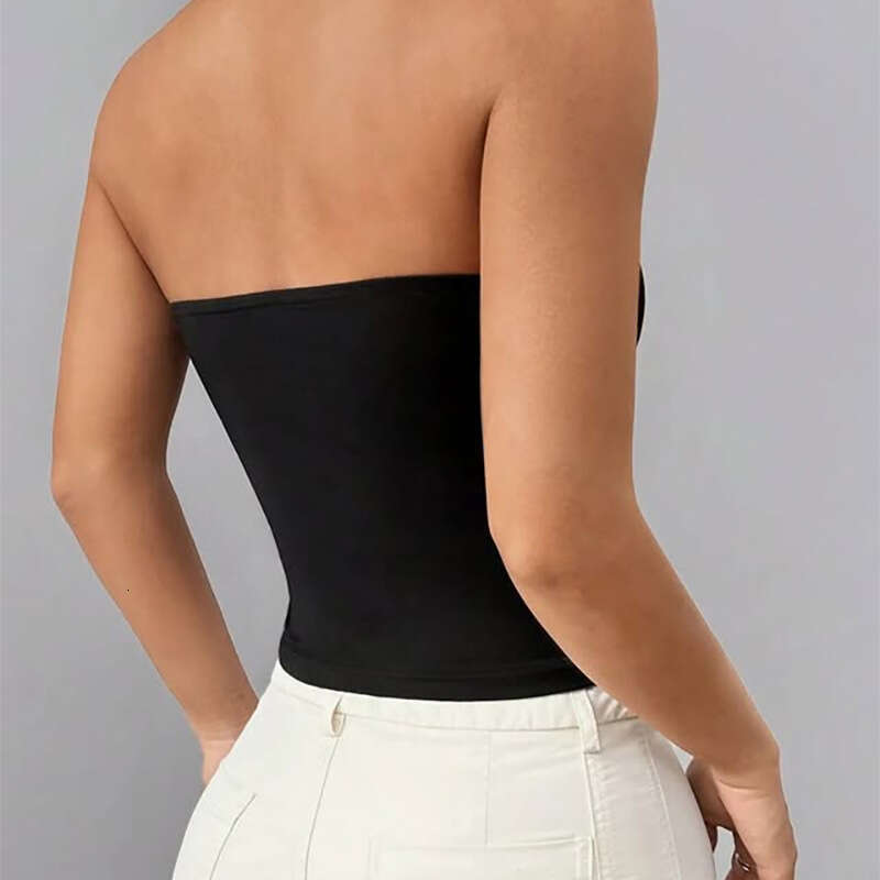 New Style Hollow Out Strapless Tank Top Slim Fit Black Off-Shoulder Sexy Hot Girl B5