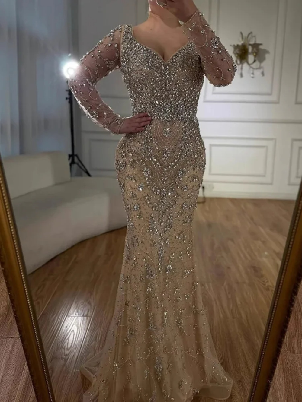 Unique Mermaid Evening Dress Sweetheart Neck Long Sleeve Crystal Beaded Prom Gowns Luxury Floor Length Formal Dresses Customized