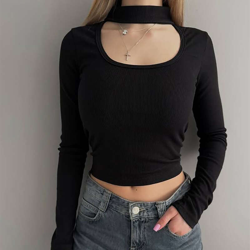 New Design Black And White Hollow Out U-Neck Low-Cut Long Sleeve T-Shirt Slim Fit Stretch Top Women's Clothing B5