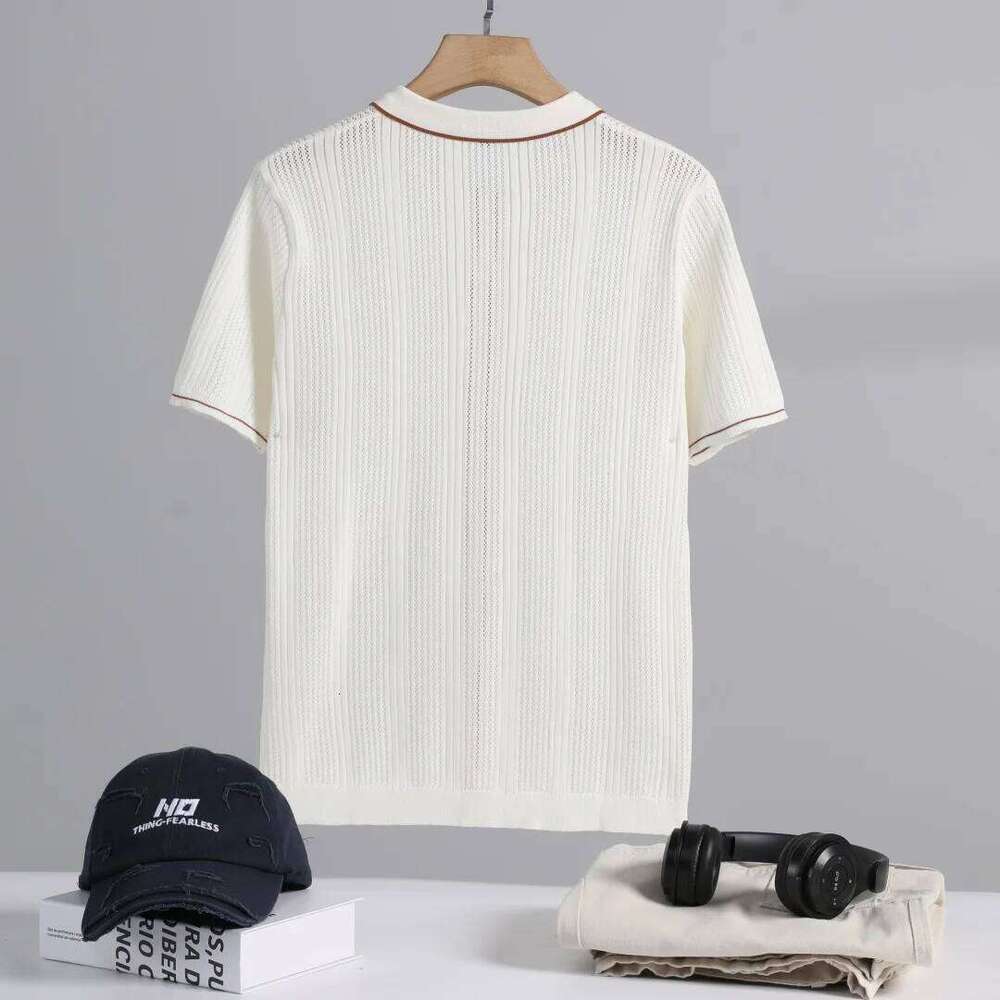 Slavinson Men's Short Sleeve Summer Fashion Retro Knit Lapel Top Solid Color Soft Breathable Light Polo Knitwear Men US Size