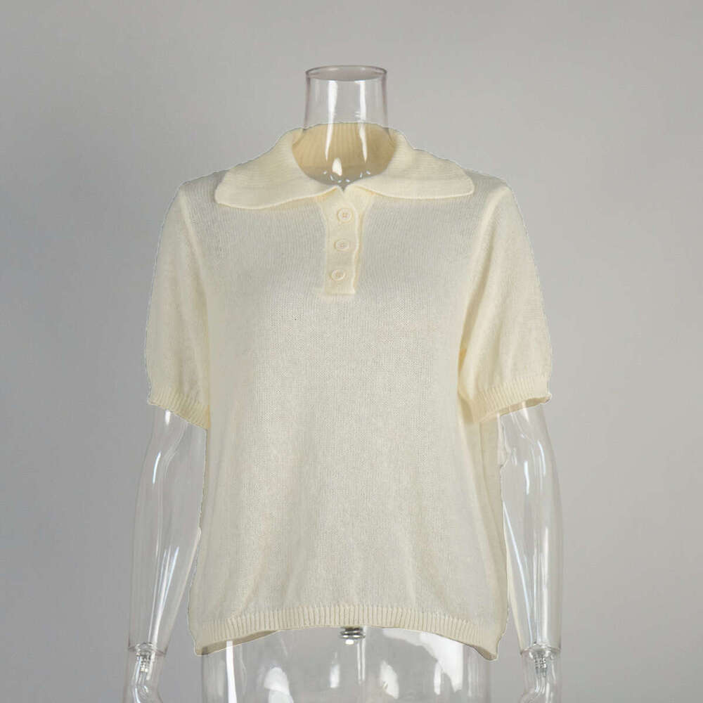 Polo Hollow Short Spring Summer New Puff Sleeve T-Shirt Simple Knitted Sweater For Women B5