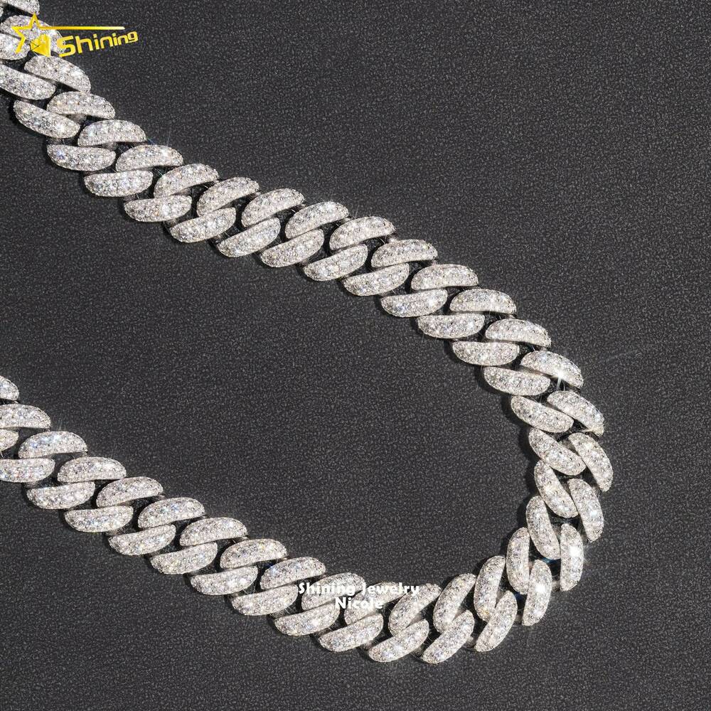 Hip Hop Rapper Jewelry Solid Silver 925 VVS Diamond Necklace 14MM Iced Out Moissanite Cuban Link Chain