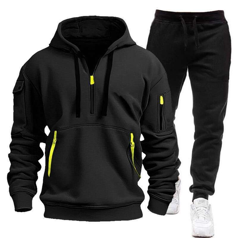 Autumn Winter Pullover Sweatshirt Zipper Multi Pocket Hoodie Sweatpants Men's Set Sports Casual Jacket B5