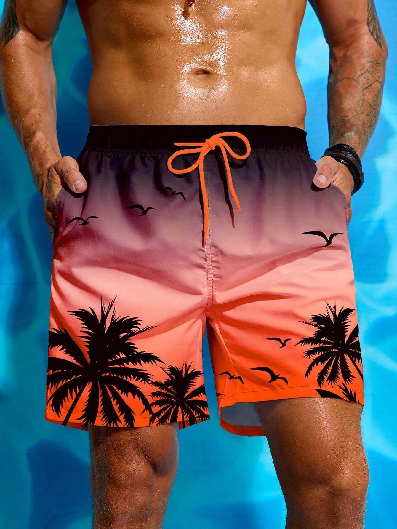 Vacation Mens Palm Tree Print Drawstring Waist Board Shorts Summer Fashion Swim Trunks 3D Print Breathable Short Streetwear W250718