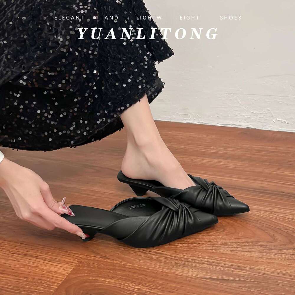 2025 Spring Summer New French Style Closed-Toe Sandals Backless Half Pointed Toe Mules Wrinkled Light Luxury Slippers