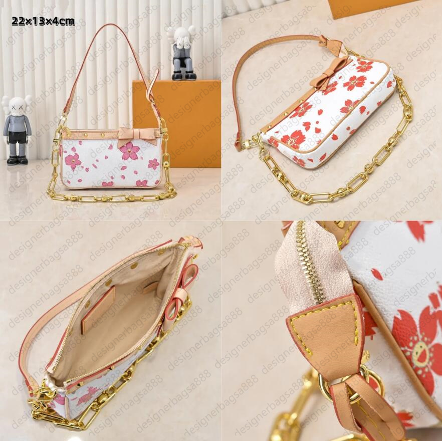 Womens rivet cherry blossom deigner bag white pink murakami chain leather shoulder bags ladies women handbag small purse M13663 high quality m13404