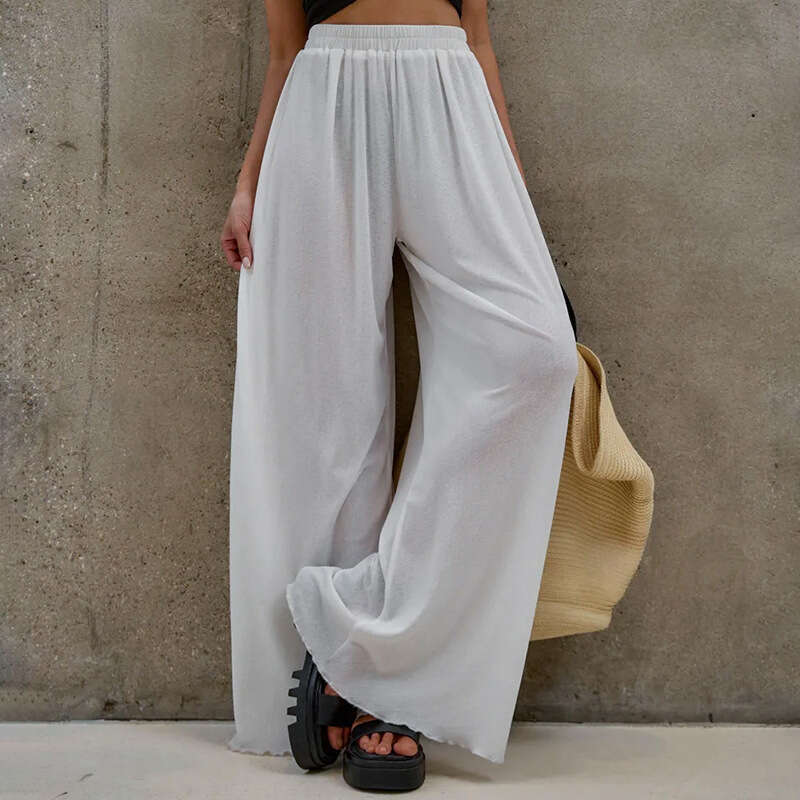 Summer New Women's Casual Straight Wide-Leg Long Pants Slightly Sheer Ruffled Elastic Waist B5