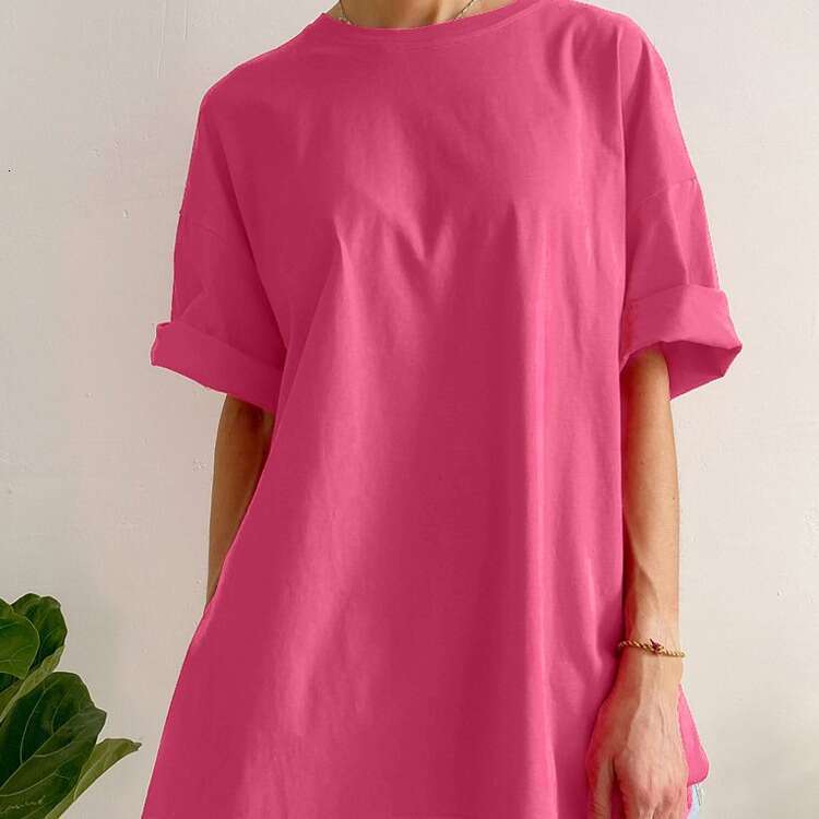 Summer Loose Split Cotton Short Sleeve For Women Comfortable Round Neck Solid Color T-Shirt B5