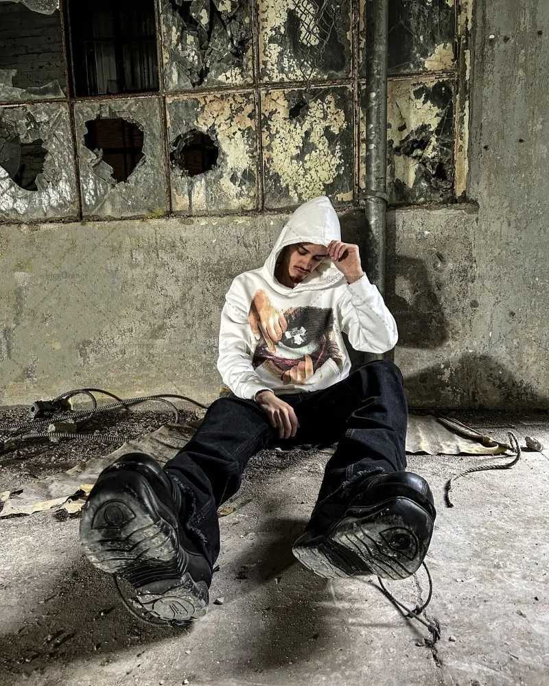 Goth Punk Trend Y2K Streetwear American Retro Pattern Printed Loose Hoodie Men Hip-hop Harajuku Casual Oversized Sweatshirt X250718