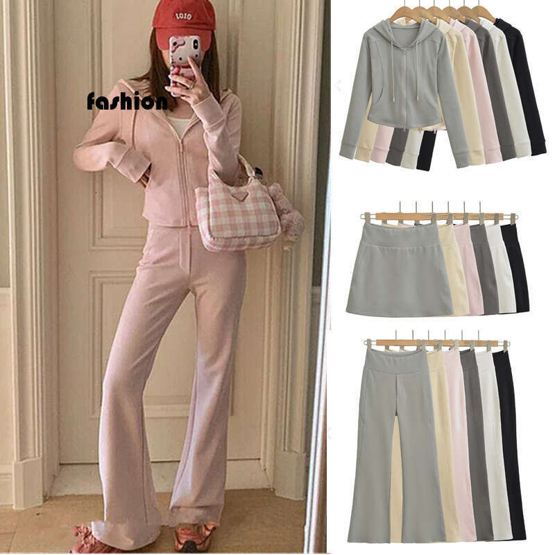 American Style Spicy Girl Hooded Sweatshirt With Casual Sports Skirt + Pure Desire Slim Fit Flared Long Pants Set B5 g7