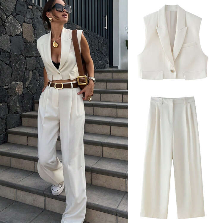 TRAFZA Spring New Fashion Casual High-End Short Vest Top High-Waisted Wide-Leg Pants Set B5