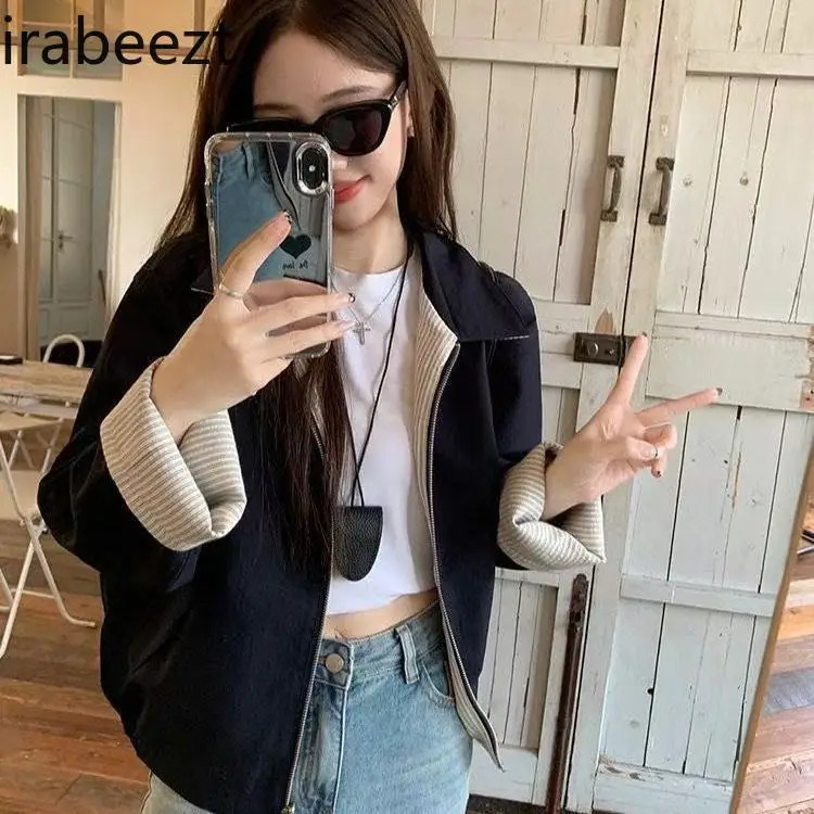 Striped Lapel Double-sided Jacket 2025 Spring and Autumn Retro Loose Casual Versatile Tops Casual Casaco Feminino 250715
