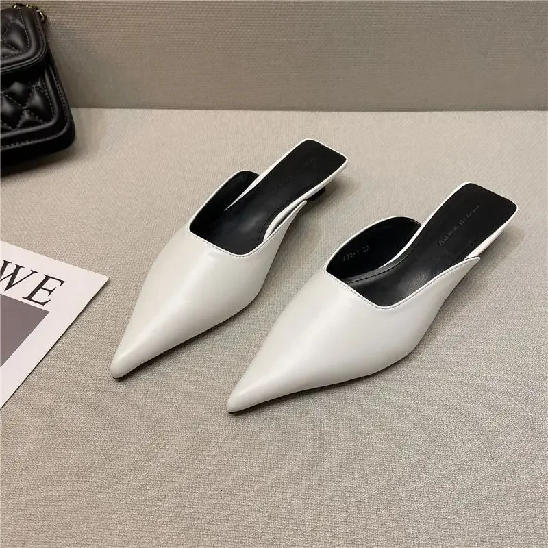Woman Slippers Pointed Toe Outside Job Sandals Slides Mules Low Heel White Shoes for Women with Comfortable Korea Style 250717