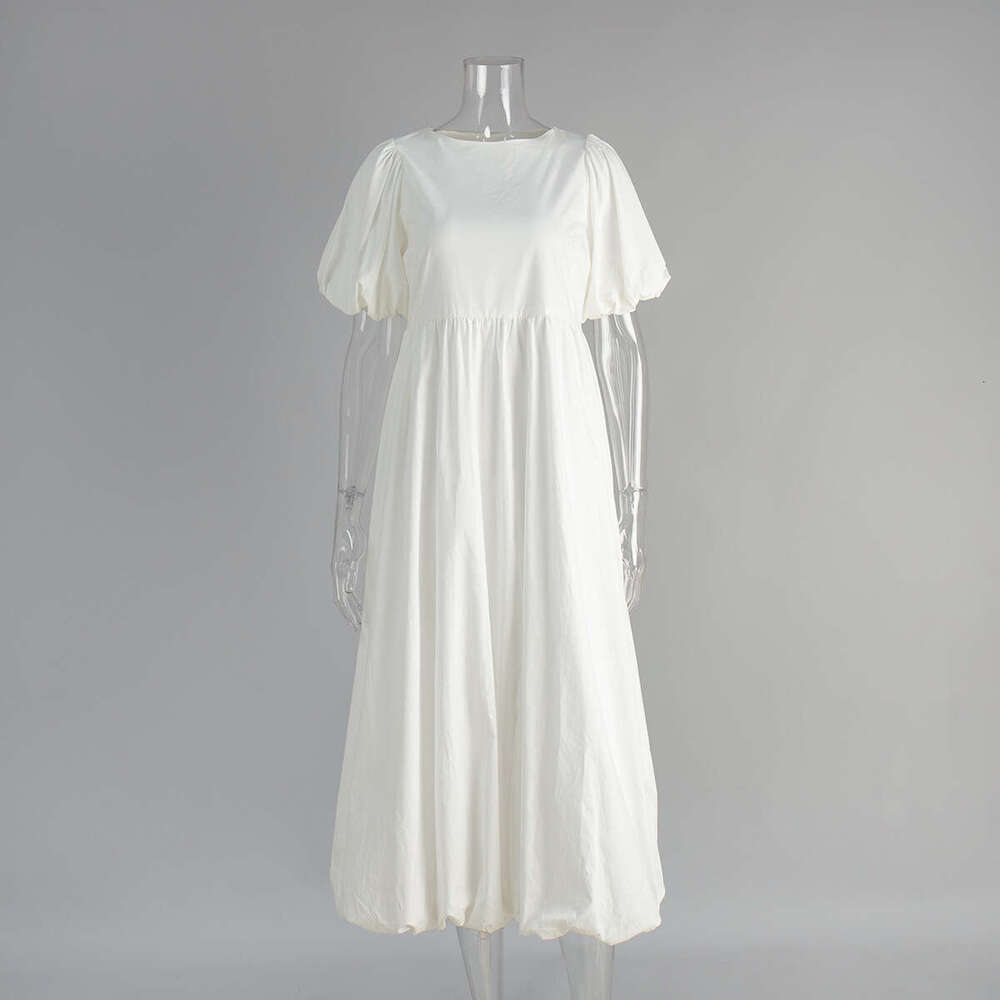 100% Cotton Round Neck Puff Sleeve Spring Summer New Solid Color Loose Casual Dress For Women B5