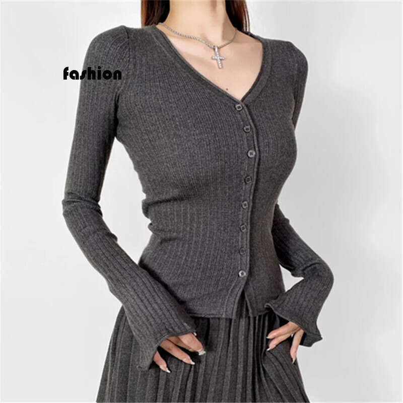 V-Neck Elegant Design Knitted Cardigan For Women Slim Fit Thin Base Shirt Early Autumn Top B5 g7
