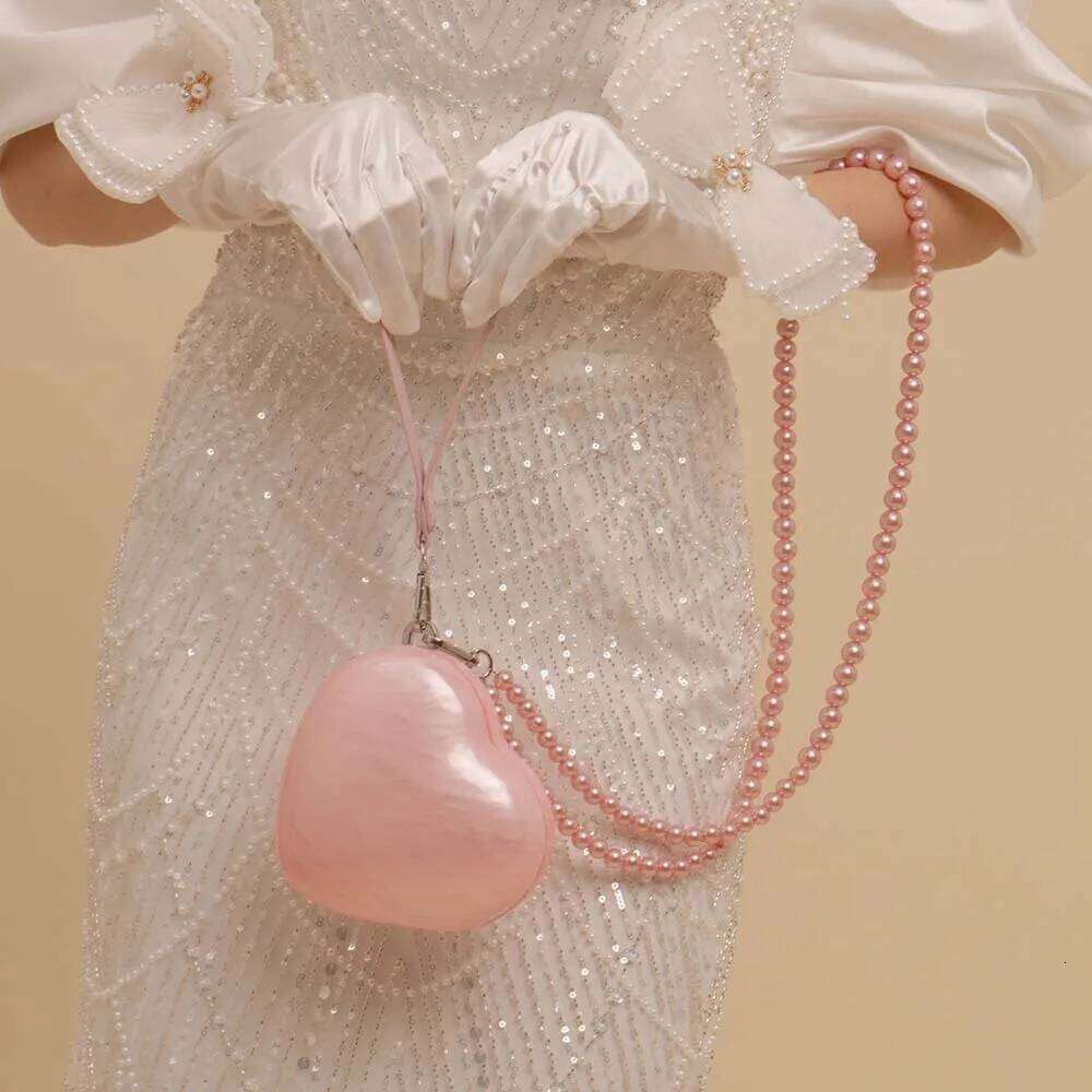 Women Acrylic Mini Marble Pink Small Heart Evening Clutch Bag With Beaded Strap For Wedding Party Purse And Handbag