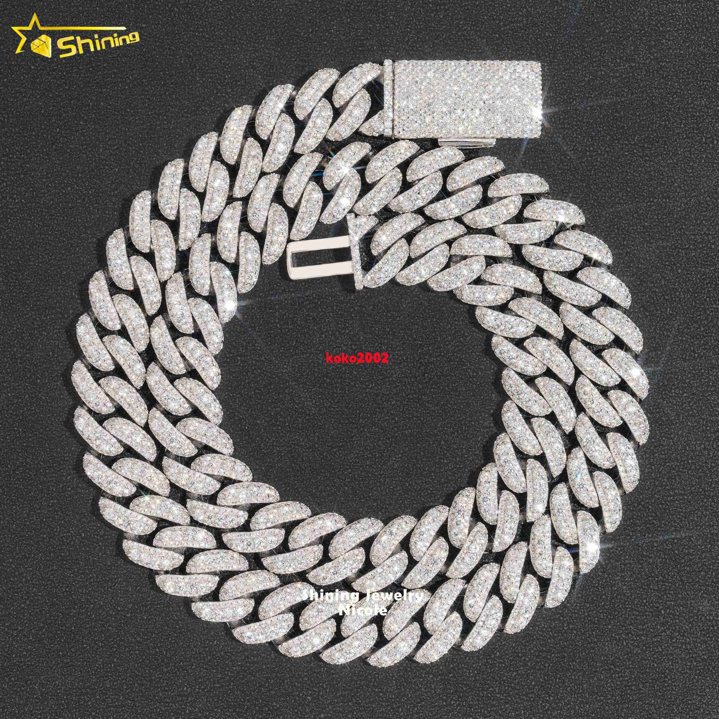 Hip Hop Rapper Jewelry Solid Silver 925 VVS Diamond Necklace 14MM Iced Out Moissanite Cuban Link Chain