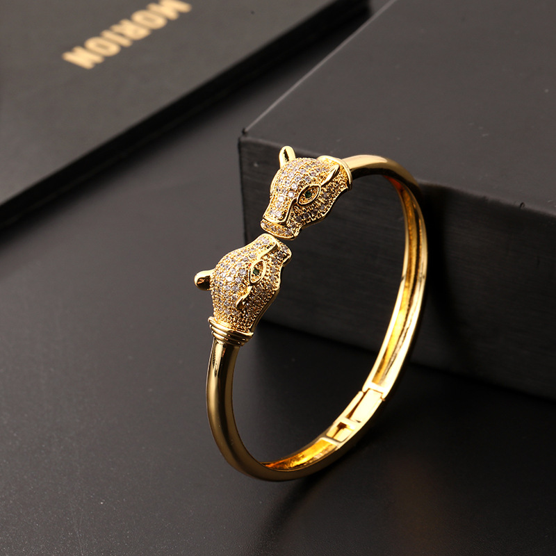 Leopard Print Open Cuff Bracelet 18K Gold Plated Hip Hop Bangle with Zircon Stones Animal Jewelry for Women and Men