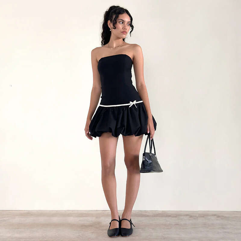 Women's Autumn New Ins Style Color-Block Simple Strapless Slim Fit Flower Bud Dress B5