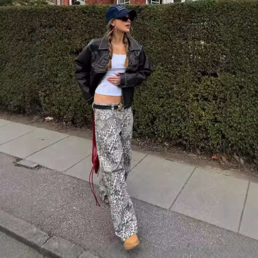American Style Fashionable Leopard Print Mid-Low Waist Loose Wide-Leg Pants Women Straight-Leg Casual Cargo Jeans B5