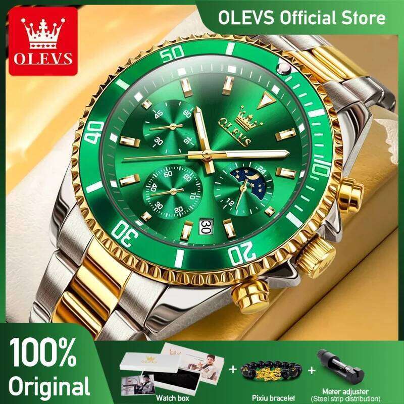 OLEVS Men's Watches Top Brand Watch for Men Original Waterproof Stainless Steel Chronograph Moon Phase Date Rota Dial free shipping