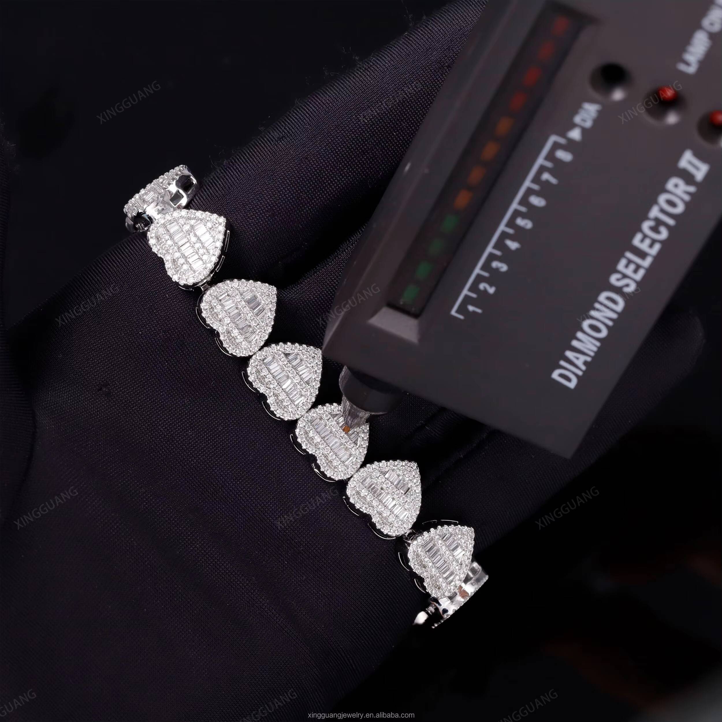 Heart Design Fashion Style VVS Baguette Moissanite Cuban Bracelet S925 Silver Hip Hop Mens Iced Out Diamond Hip Hop Bracelet