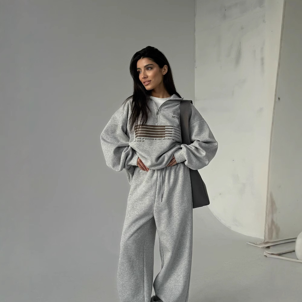 Lazy Sweatshirt Two-Piece Set Casual Turn-Down Collar Half-Zip Bright Color Loose Versatile Sweatshirt Long Pants Spring Autumn 250718