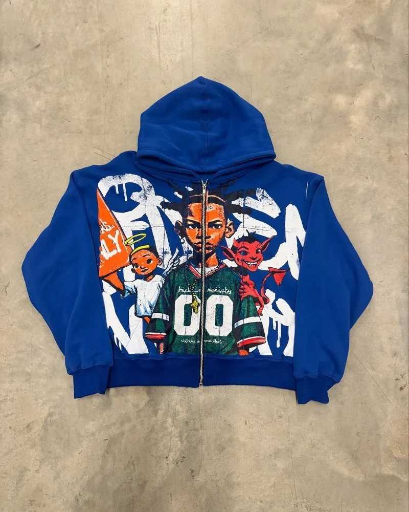 European and American Trendy Brand Hip-hop Cartoon Printed Fashion Zipper Hoodie Men Y2k Goth Hip-hop Oversized Sweatshirt Women X2507181