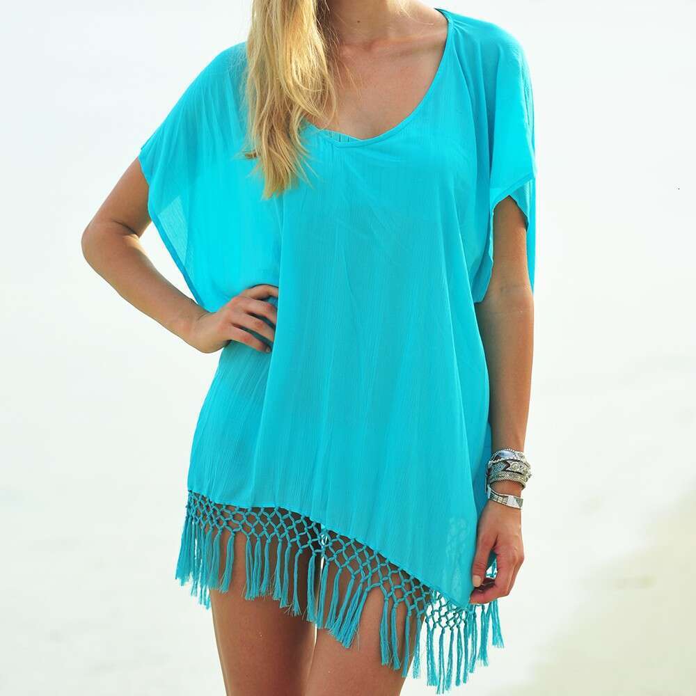 Fashion Women's Solid Color Tassel Knot Batwing Sleeve Loose Sunscreen Sexy Beach Cover-Up Dress B5