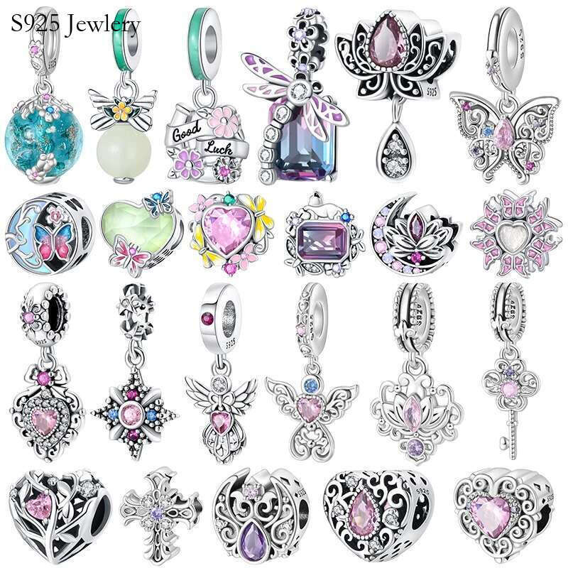 S925 925 Sterling Silver Classic Purple Retro Heart Shape Lotus Angel Pattern Charms Beads Fit Original Bracelets DIY Jewelry
