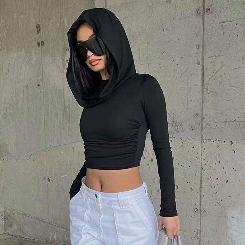 Autumn Basic Hooded Pile Collar Ruched Base Shirt Slim Fit Long Sleeve Cropped Solid Color Wasteland Style Top B5 g7