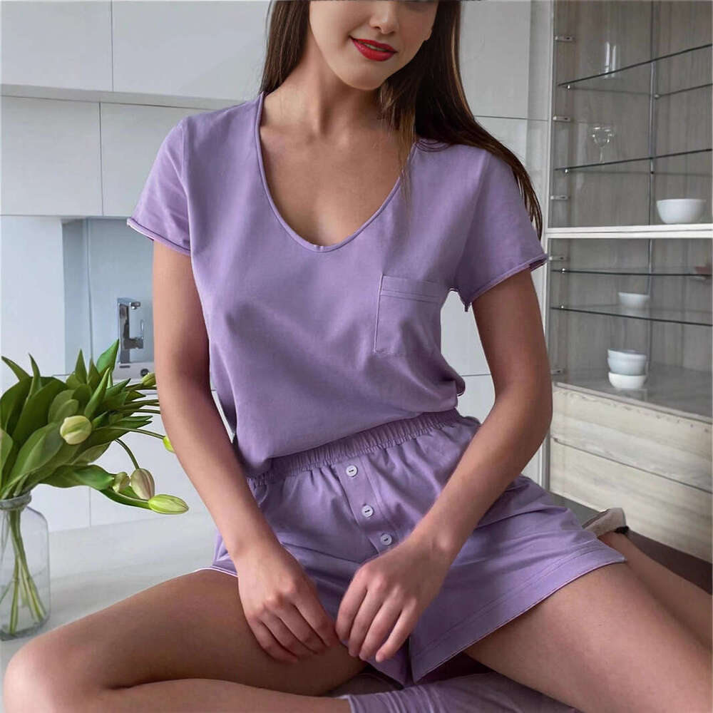 V-Neck Shorts Pajama Spring Summer Casual Loose Comfortable Cotton Short Sleeve T-Shirt Set B5