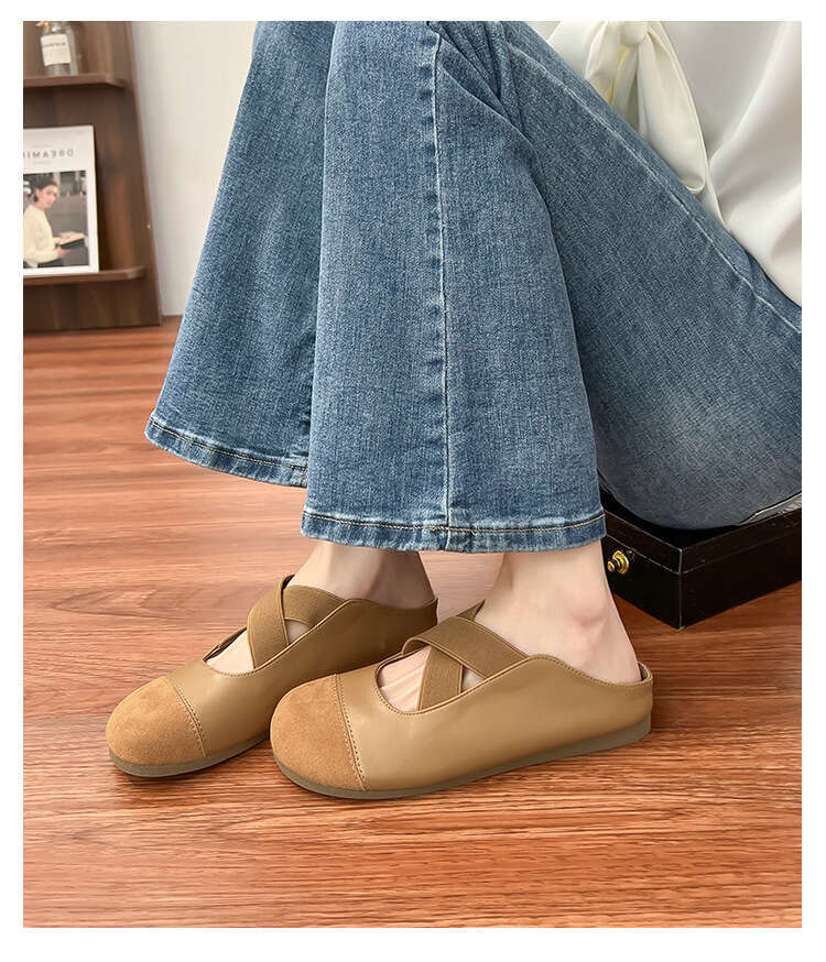 Su Yinyin Boken Women, Closed-Toe Half-Slip Mules, 2025 Korean Version Cross Strap Thick-Soled Casual Shoes for Women