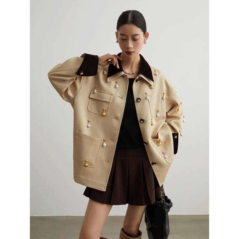 Elegant Women Pearl Embellished Jacket Long Sleeve Button Down Pocket Coat Contrast Collar Vintage Style Outerwear for Ladies