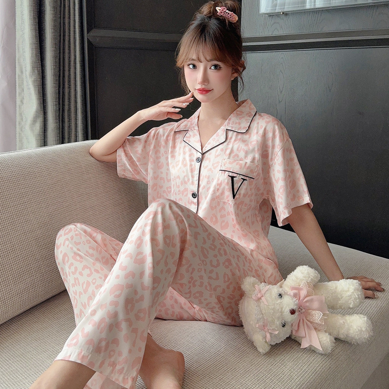 B976-Girls sweet summer short-sleeved ice silk pajamas thin suit color pit stripes taro purple loose shorts home