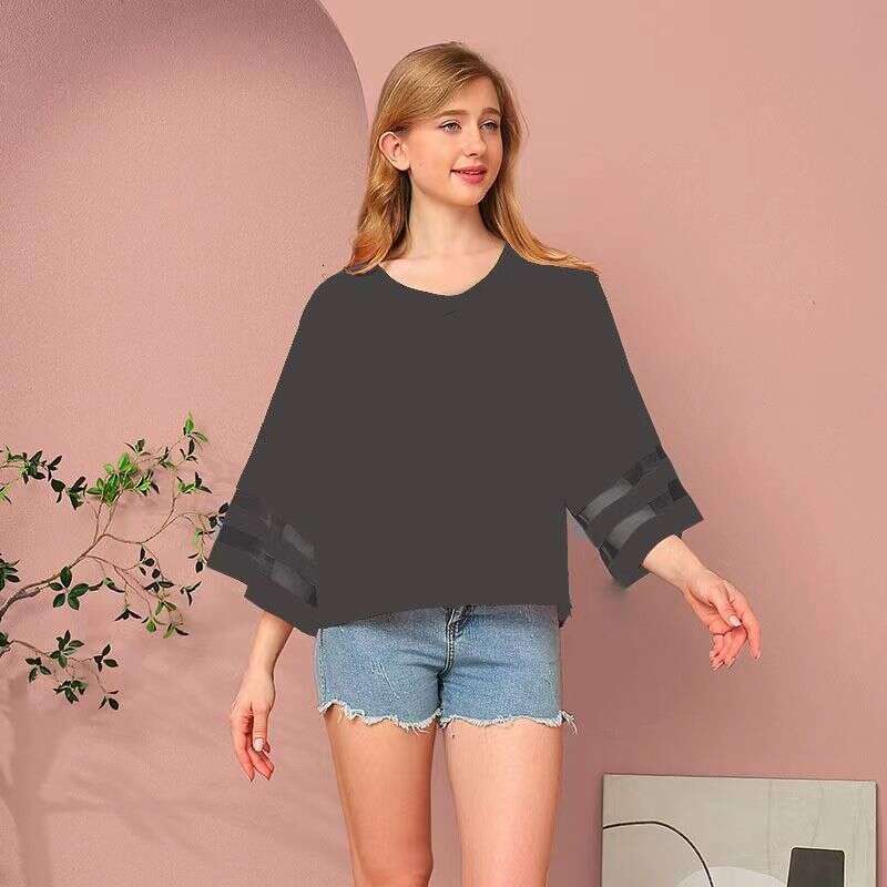Summer New Women's Loose V-Neck Mesh Patchwork Sweet Fresh Girl Style Chiffon Blouse B5