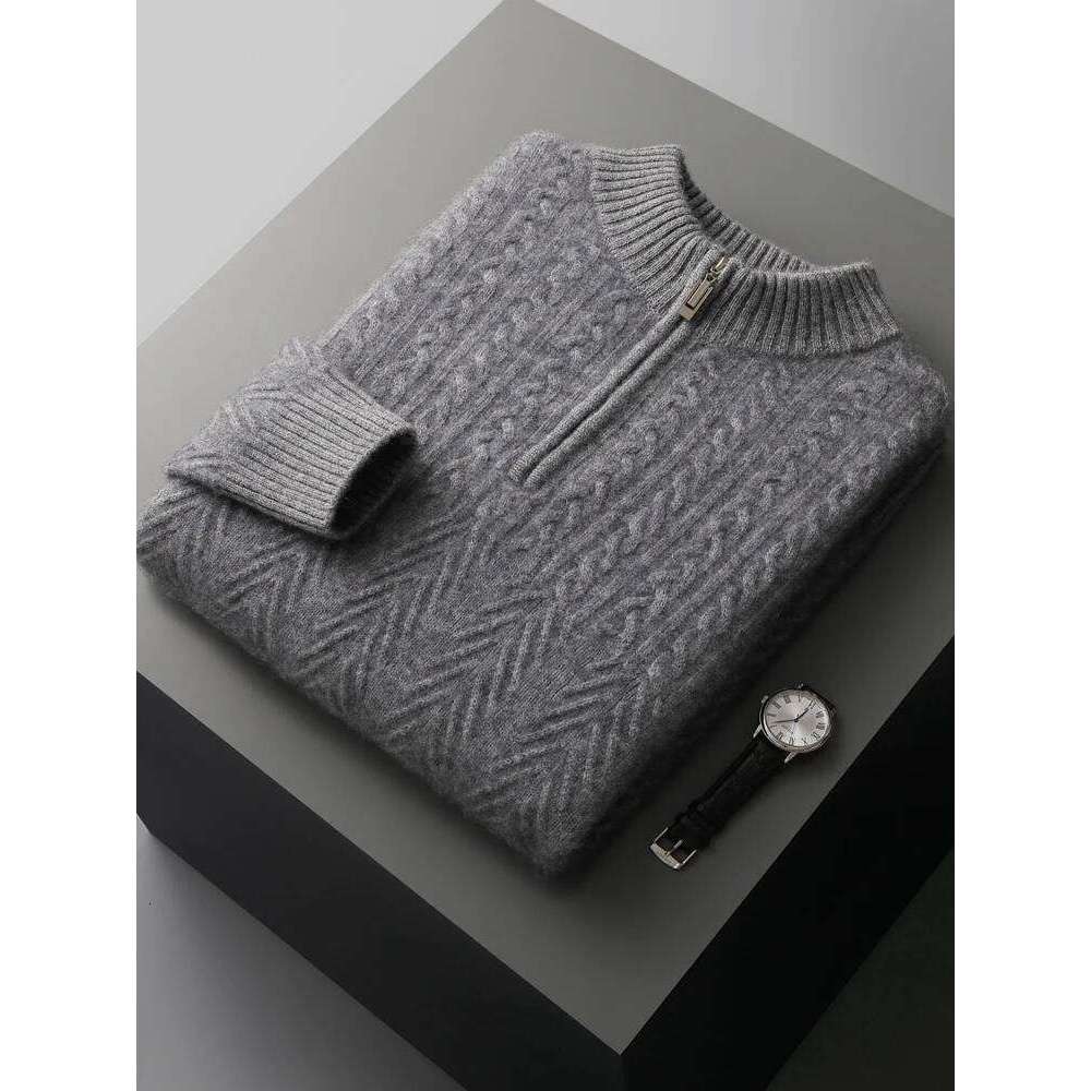 100% Men's Sweater Mock-Neck Half-Zipper Twist Flower Cashmere Pullover Autumn Winter Thick Casual Clothes Knitwear