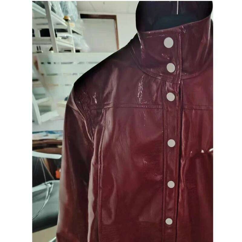Trendy French Niche Classic Silhouette Lapel PU Texture Glossy Leather Short Jacket Top